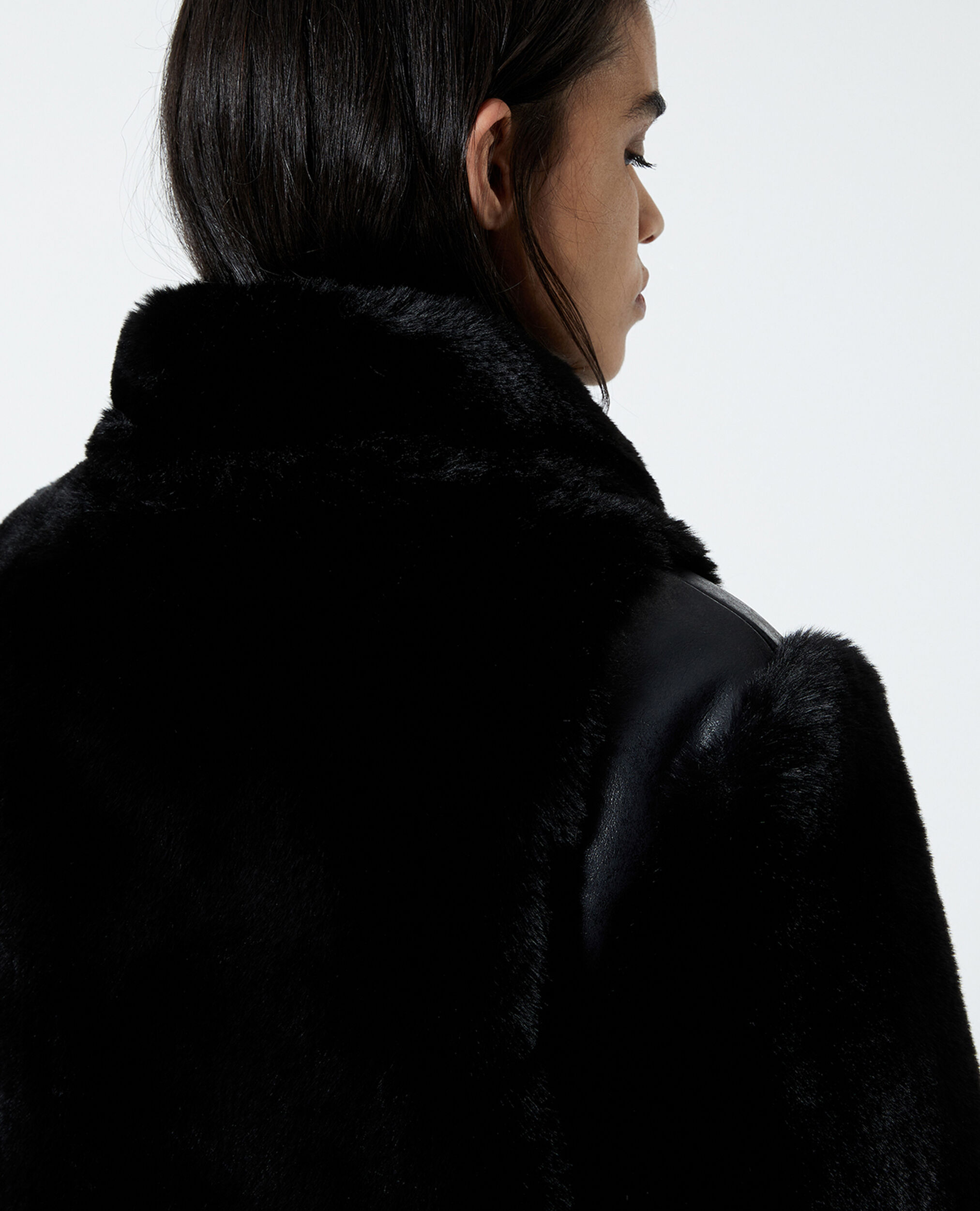 Black faux fur coat with leather detail, BLACK, hi-res image number null
