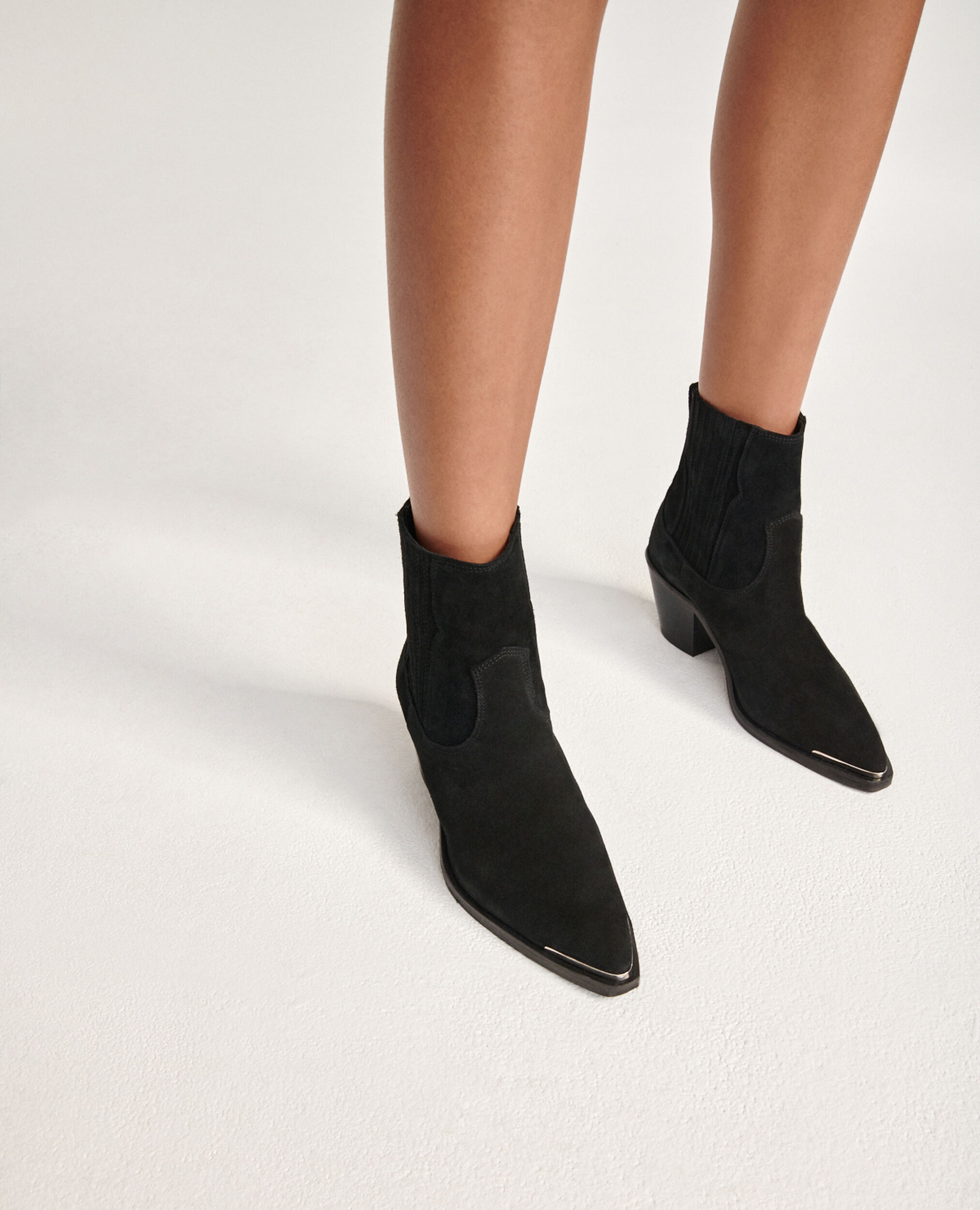 Western-style black suede ankle boots, BLACK, hi-res image number null