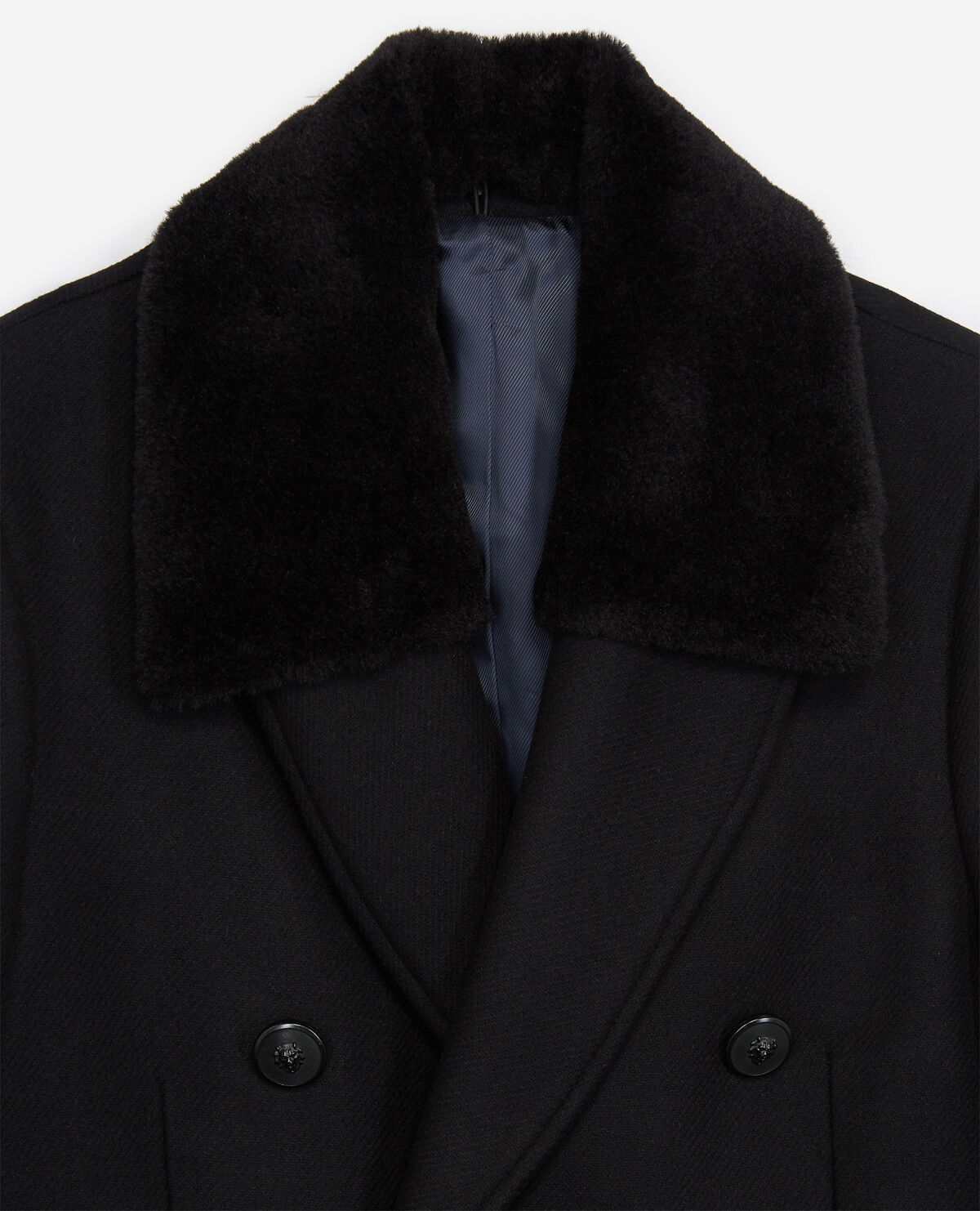 Manteau croise col laine facon mouton amovible noir