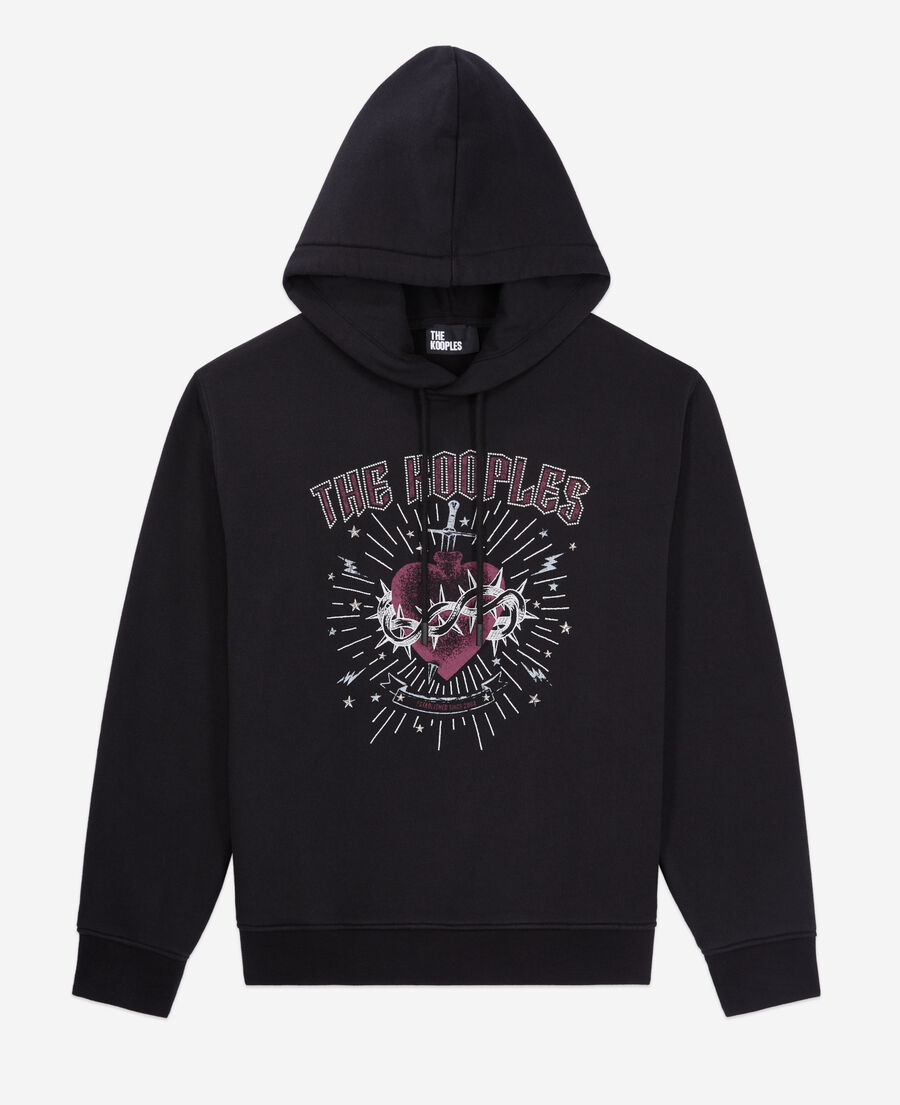 women's black hoodie with dagger through heart serigraphy