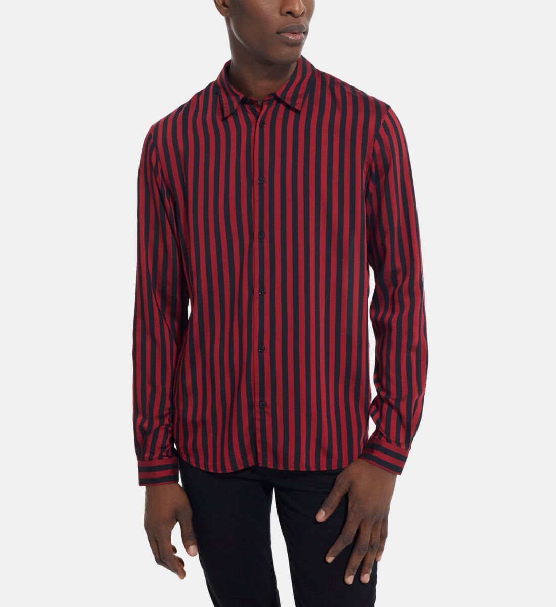 Red and black striped button up shirt clearance