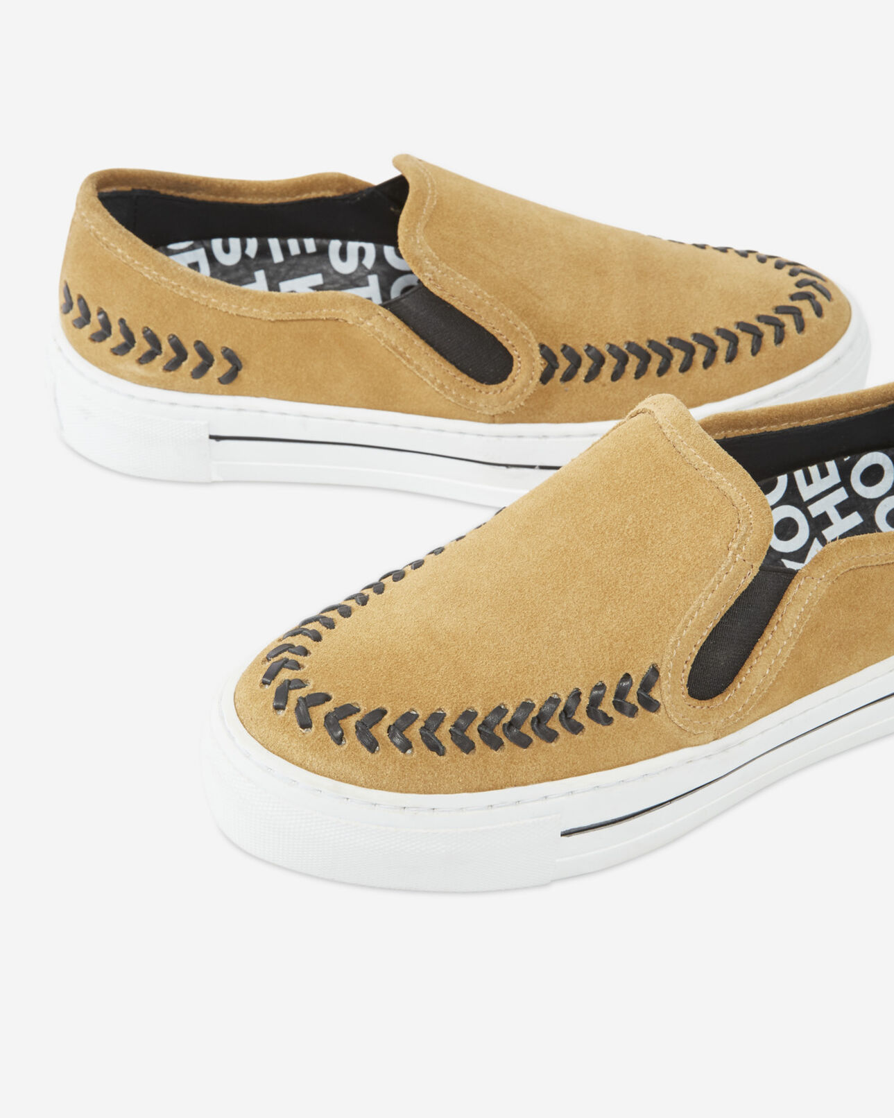 The Kooples WOMEN CAMEL low-top camel suede slip-on shoes with black details