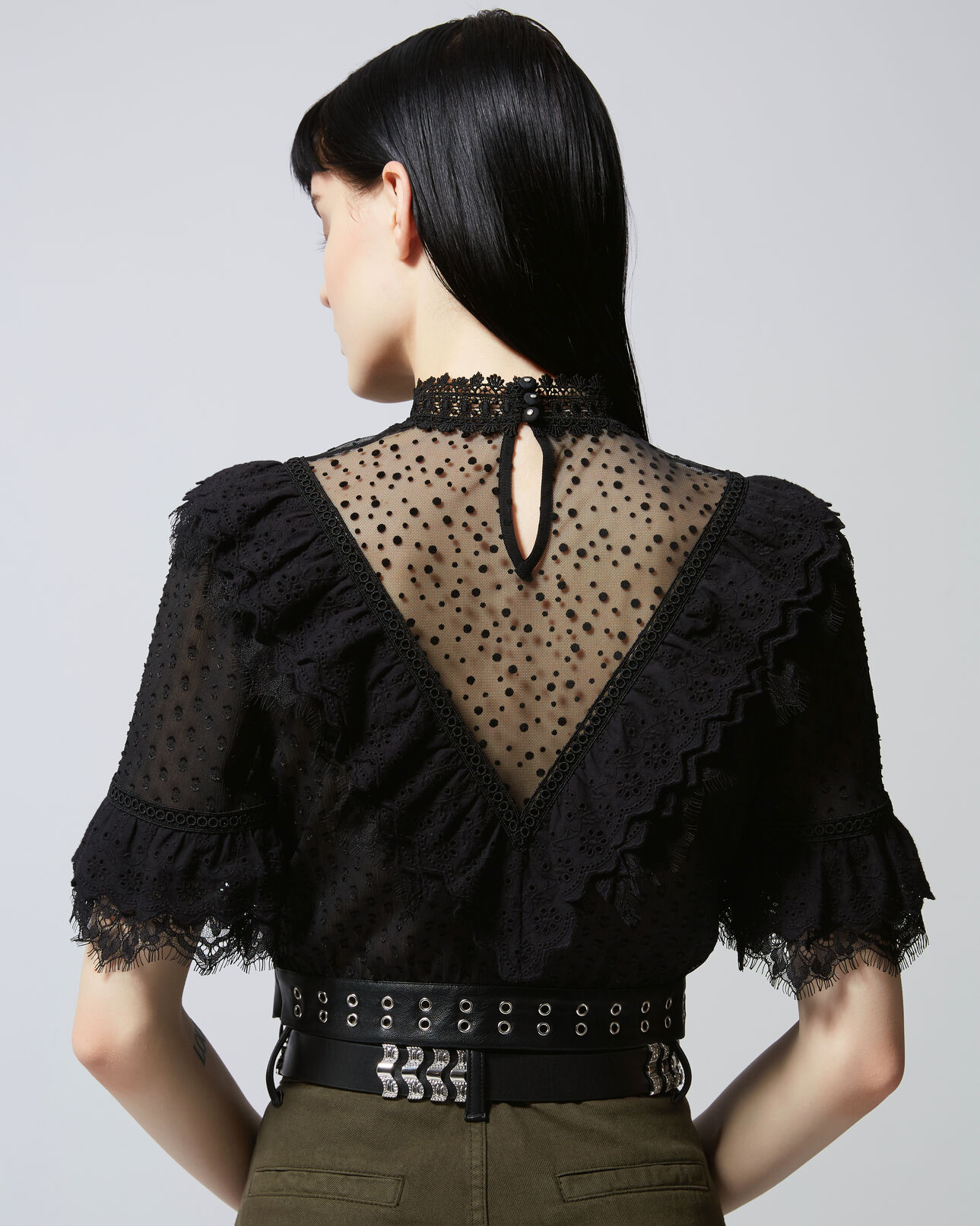 The Kooples MUJER BLACK top negro encaje plumeti cinturón piel