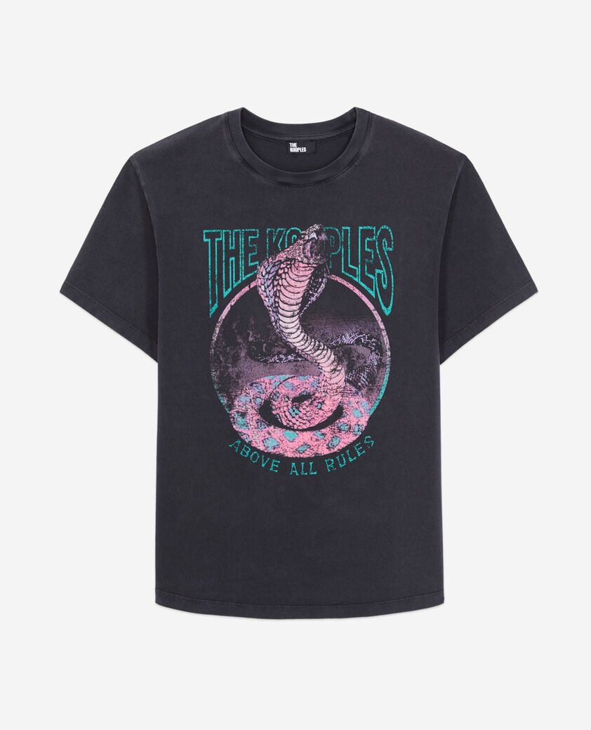 The Kooples WOMEN BLACK / PINK women's black t-shirt with cobra serigraphy