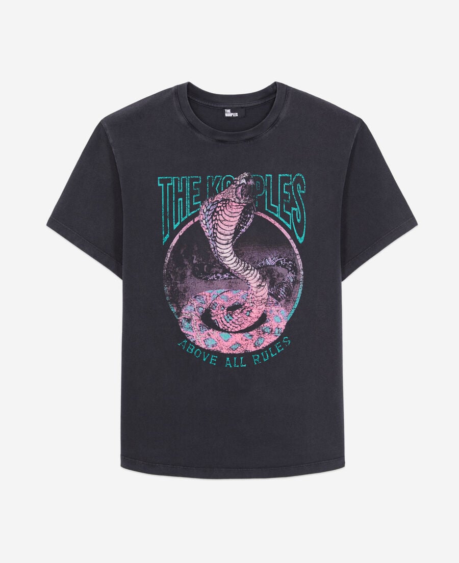 The Kooples F BLACK / PINK women's black t-shirt with cobra serigraphy