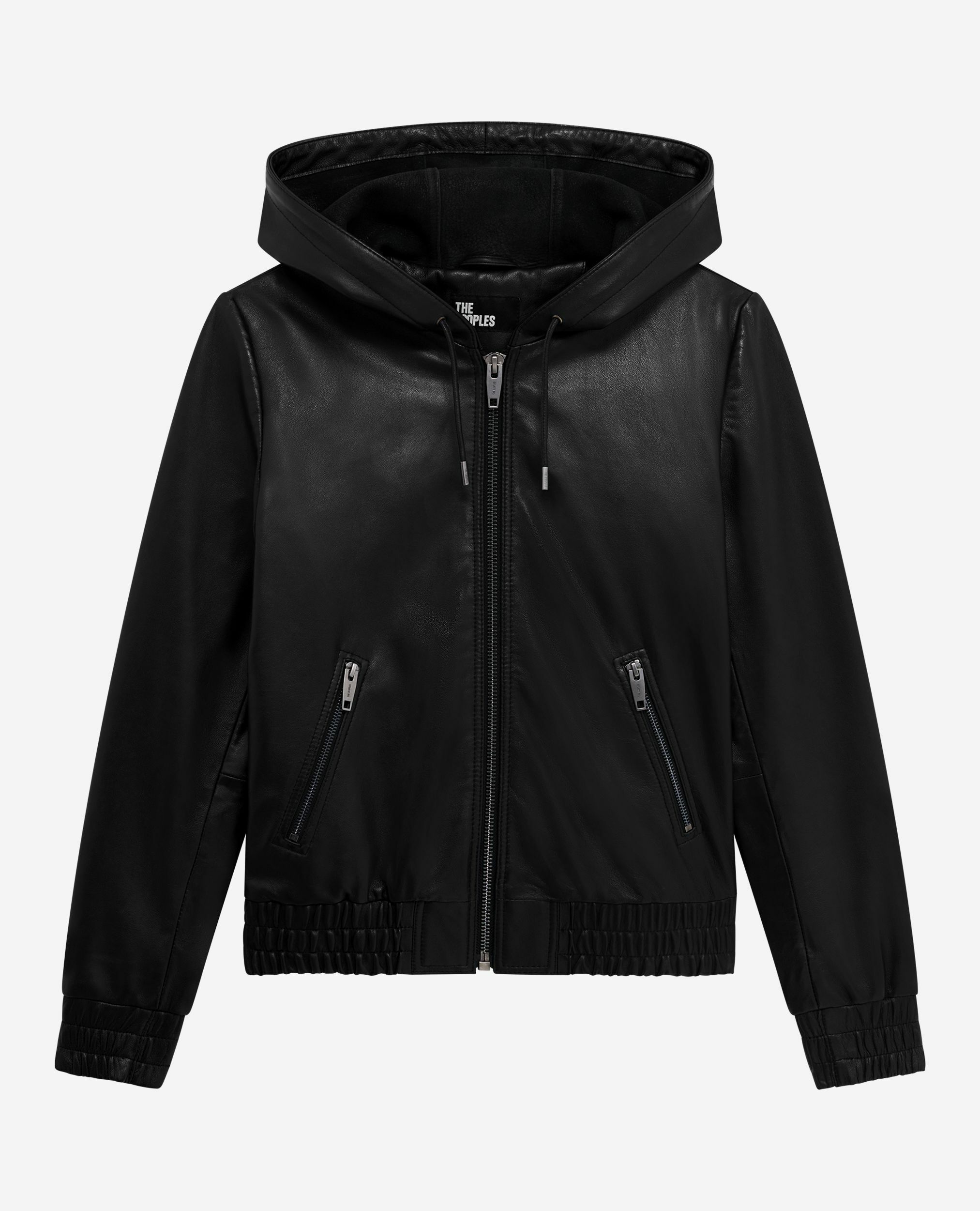 Black leather hooded jacket, BLACK, hi-res image number null