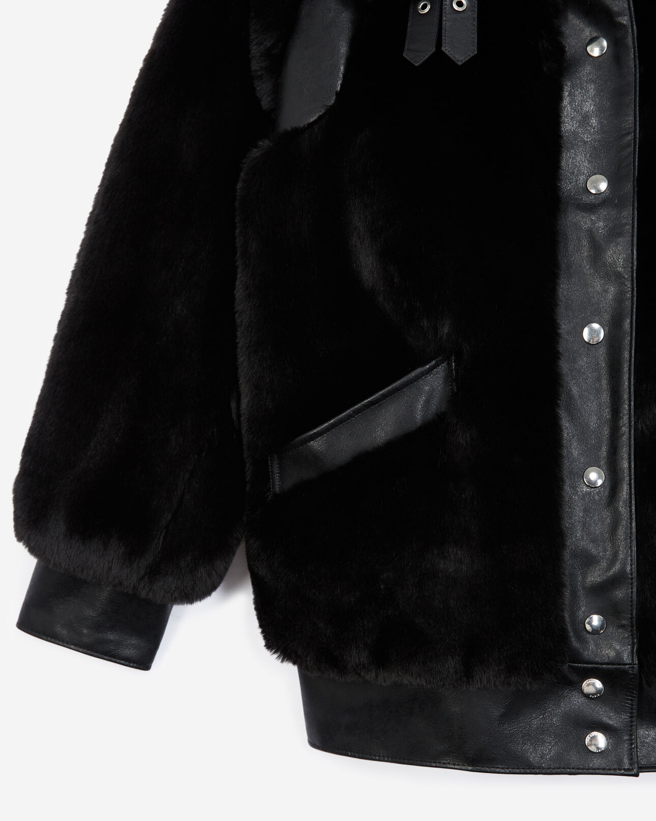 The Kooples WOMEN BLACK black faux fur coat with leather detail