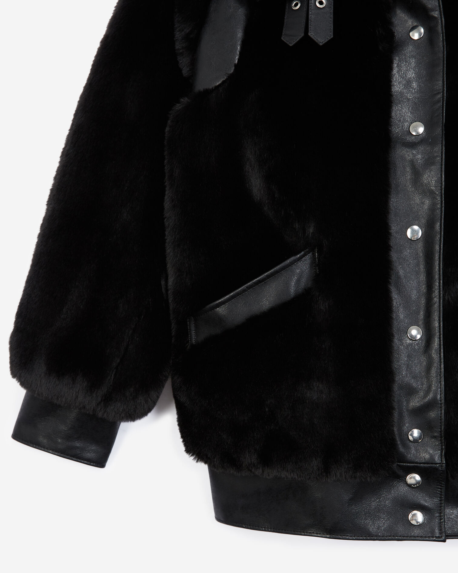 Black faux fur coat with leather detail, BLACK, hi-res image number null