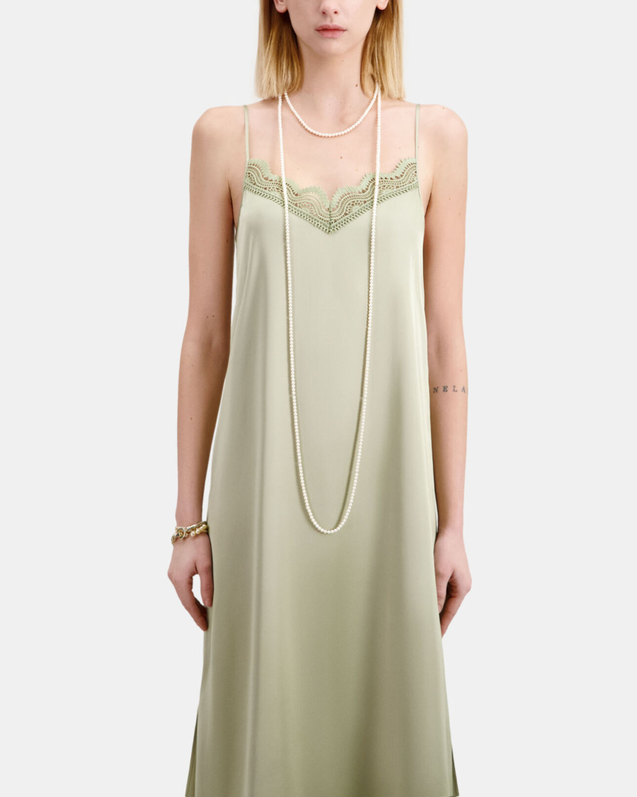 The Kooples WOMEN KAKI GREY long light green slip dress
