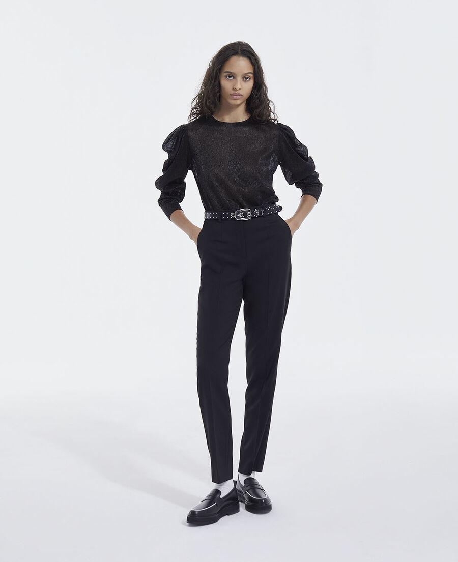 flowing black top with puffed sleeves