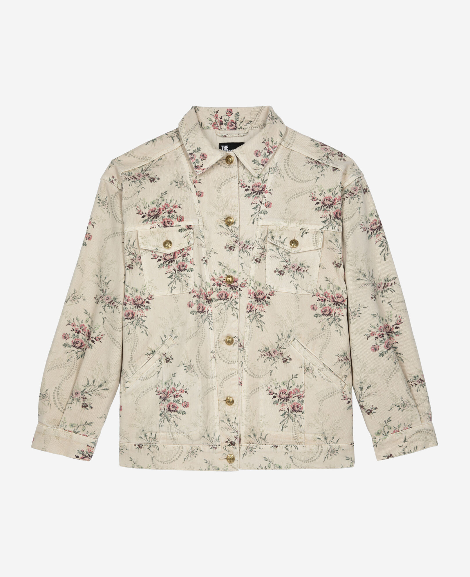 The Kooples WOMEN BEIGE TAUPE beige denim jacket with 'antik flowers' print