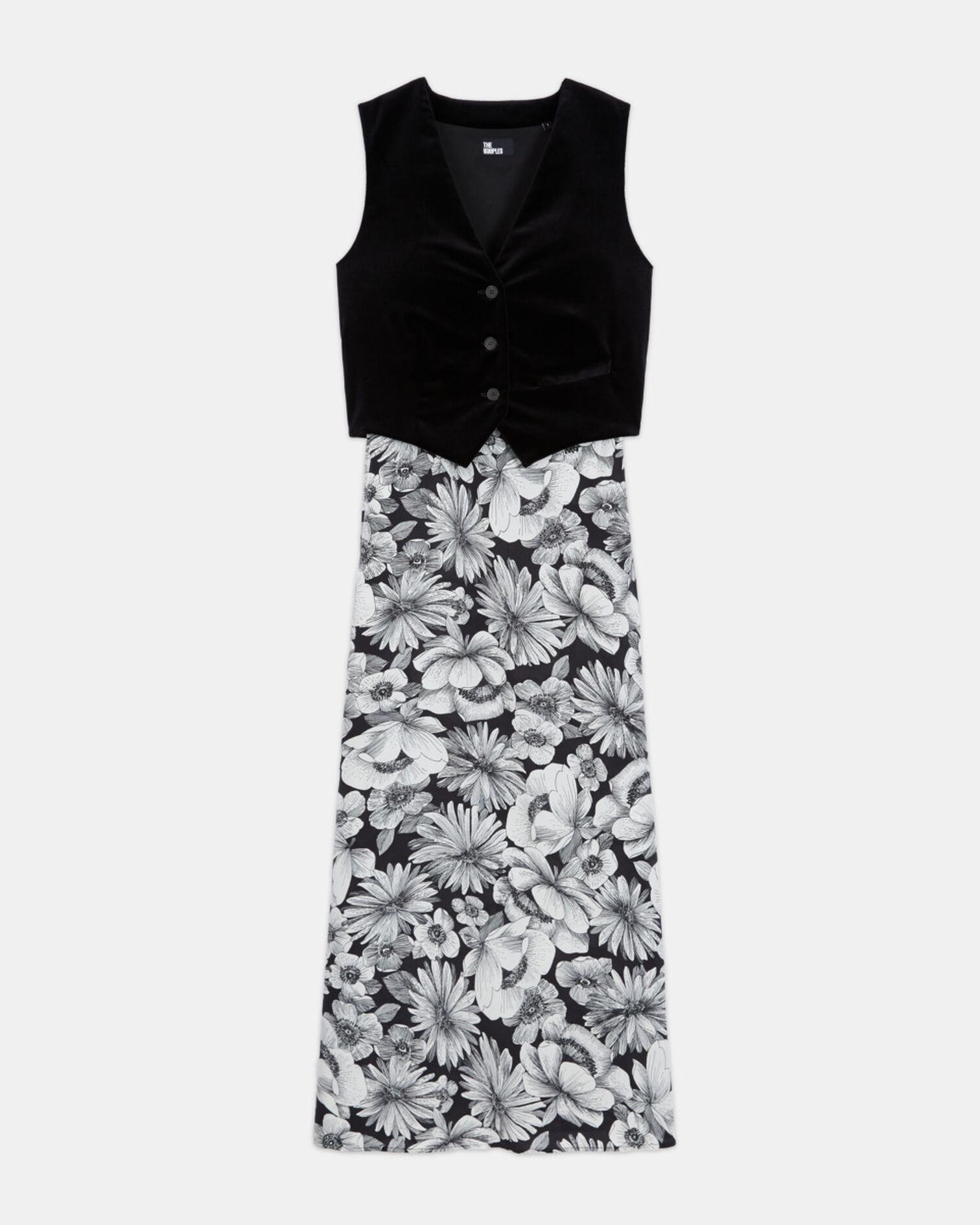 Robe longue en soie fleurie, BLACK WHITE, hi-res image number null
