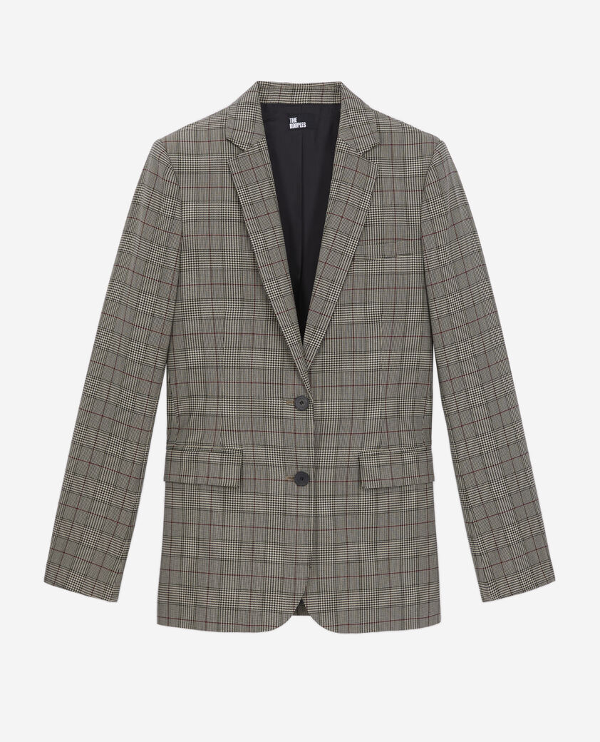 The Kooples FEMME ECRU / BLACK / BURGUNDY blazer prince de galles beige et bordeaux