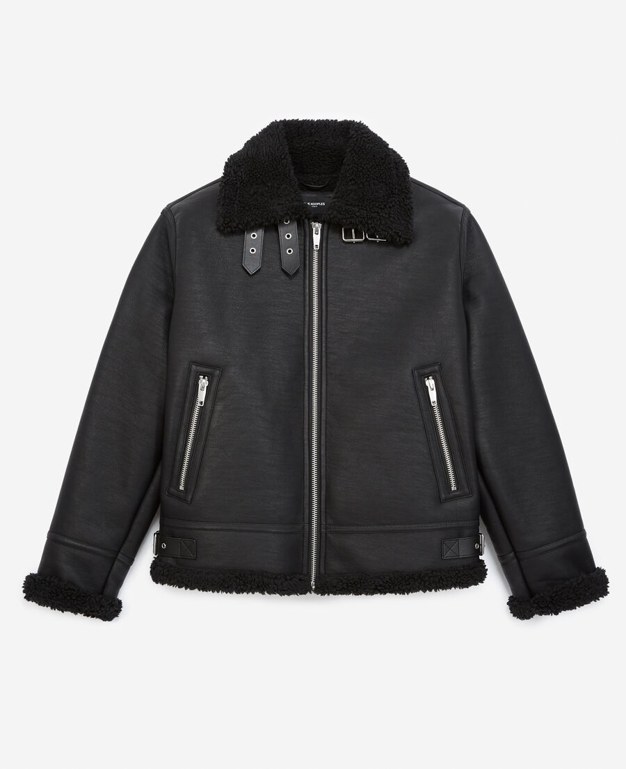 Zipped black faux sheepskin jacket The Kooples US