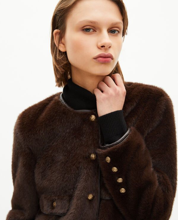 Blouson effet fourrure avec détails de cuir marron femme The Kooples