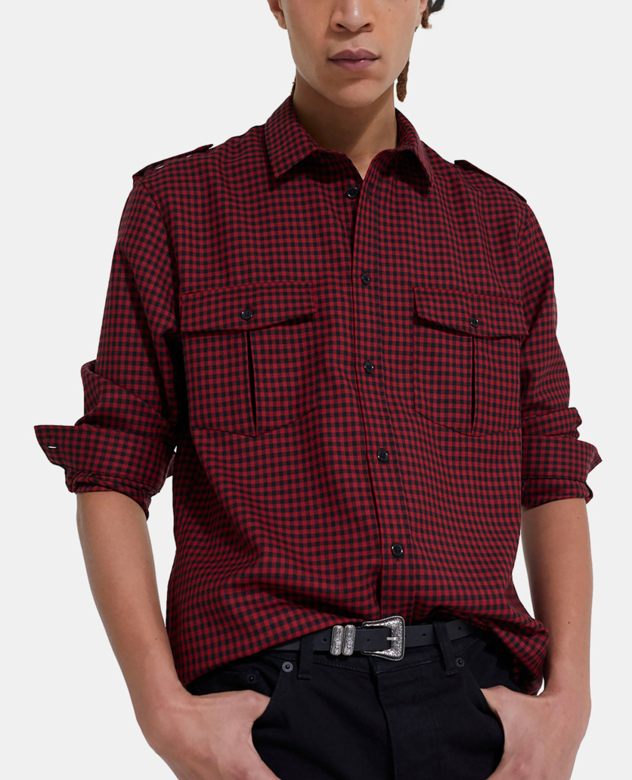 Check wool shirt with classic collar, RED / BLACK, hi-res image number null