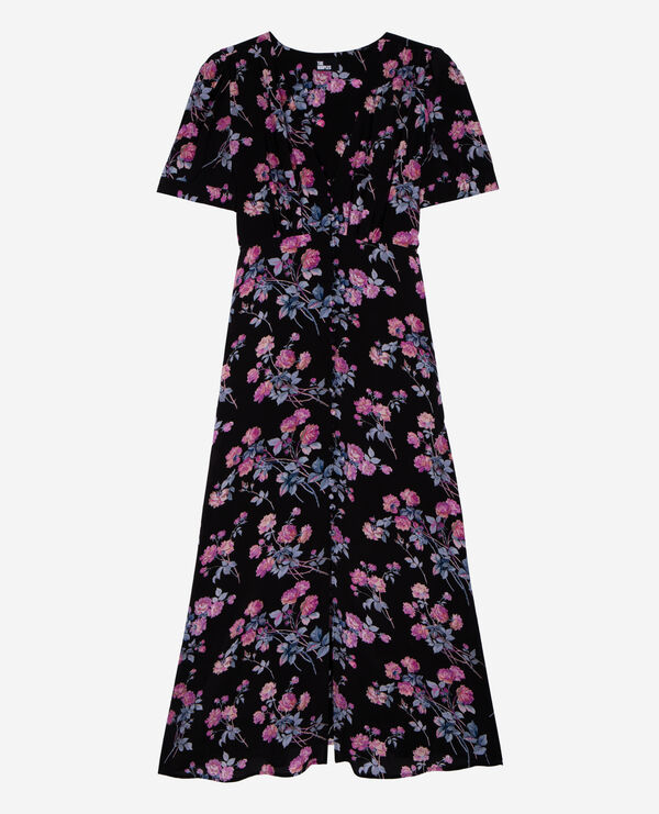 The Kooples FEMME BLACK / PINK robe longue imprimé fleuri noire