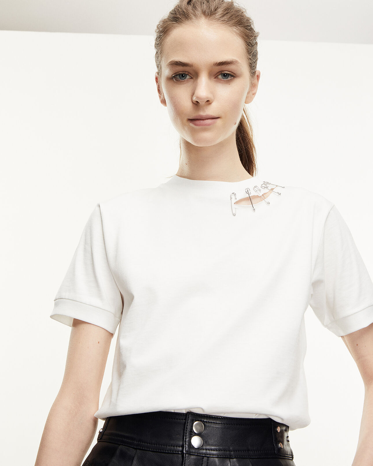 The Kooples FEMME WHITE t-shirt blanc coton détails épingles