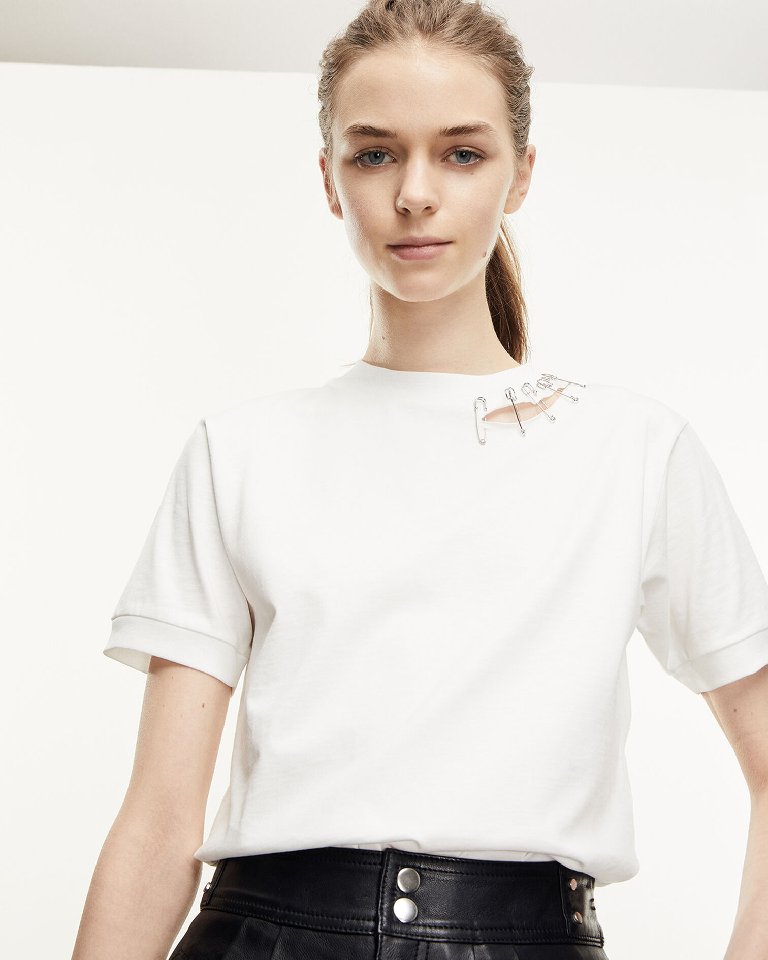 T-shirt blanc coton détails épingles, WHITE, hi-res image number null