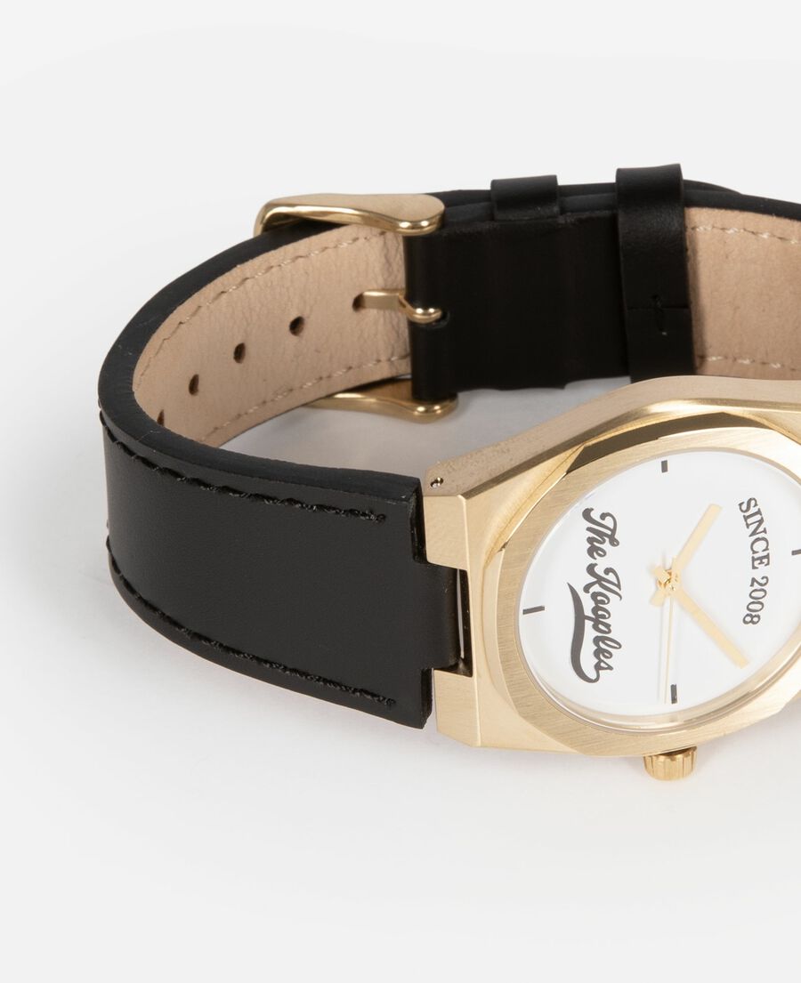 The Kooples MIXED BLACK / GOLD watch with logo and black leather strap