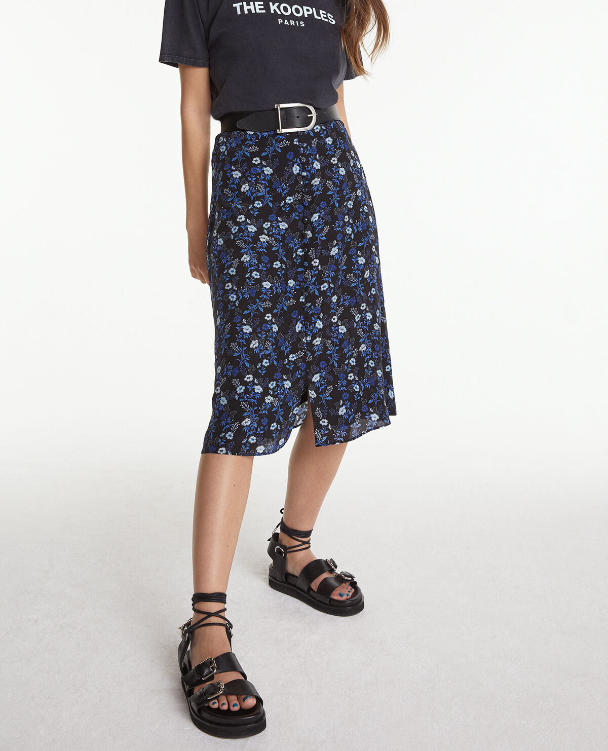 Jupe mi longue fluide bleue motifs The Kooples