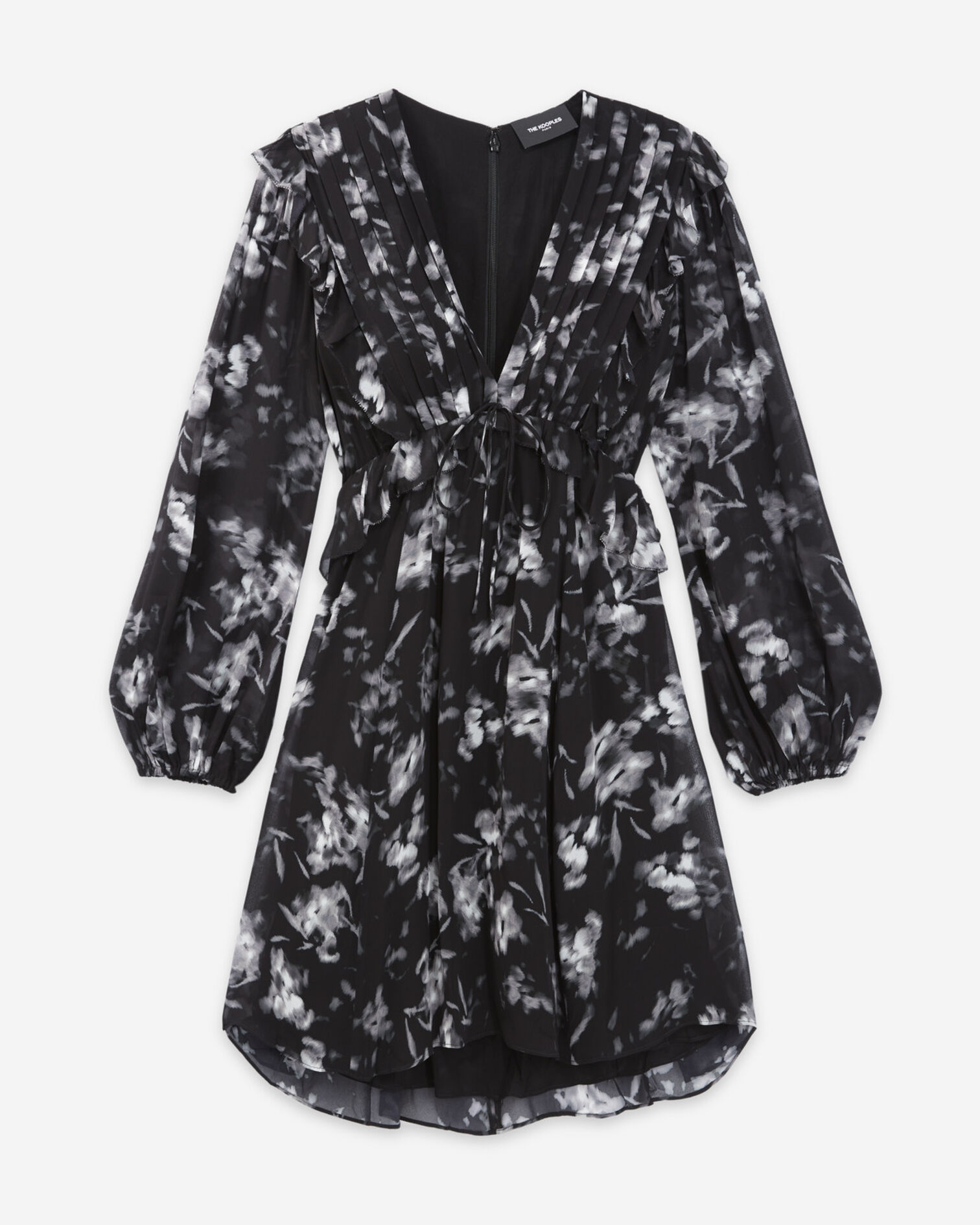 Robe courte noire imprimée à volants, BLACK WHITE, hi-res image number null