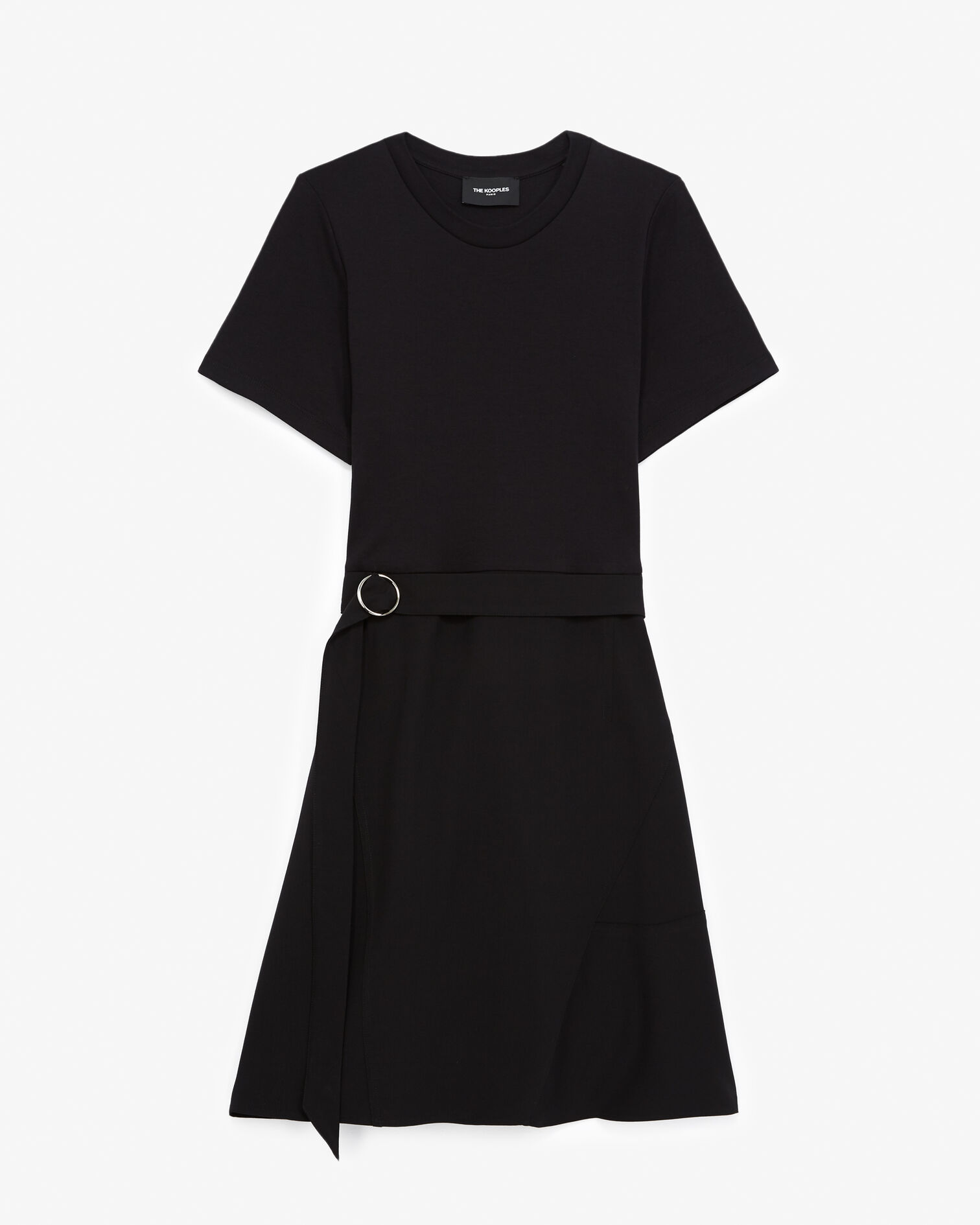 Dual-material black dress with belt, BLACK, hi-res image number null