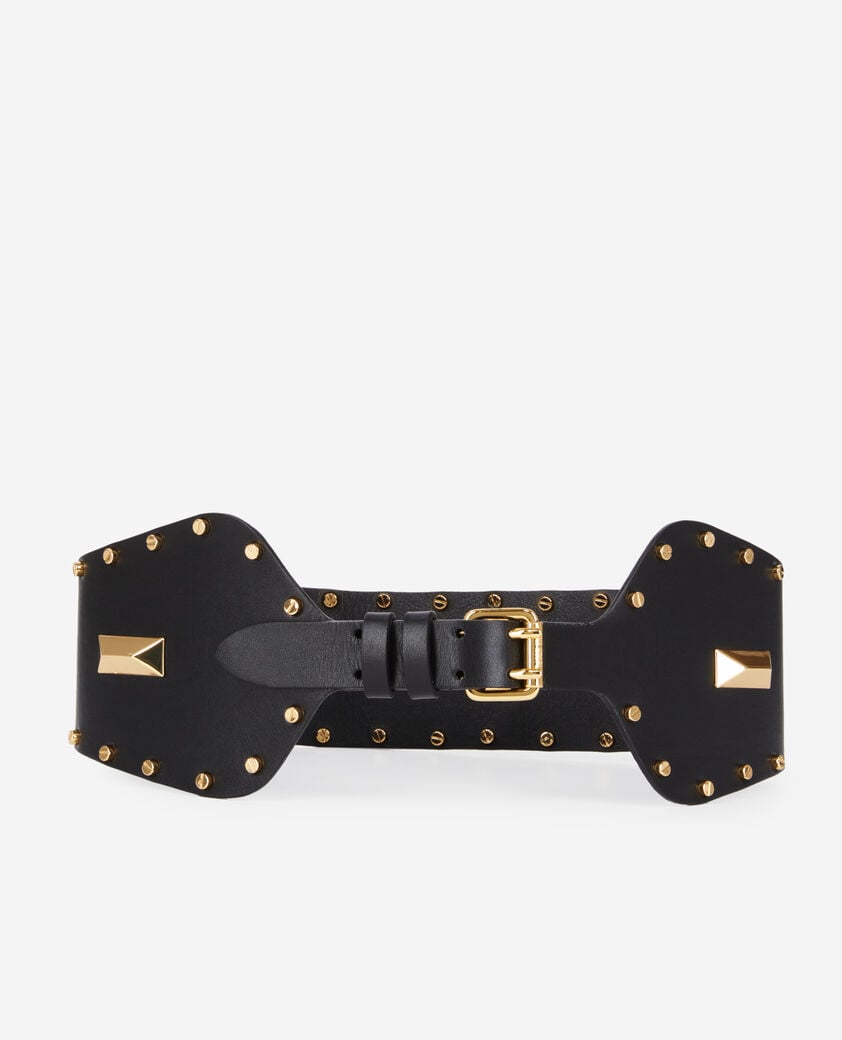 The Kooples WOMEN BLACK wide black leather belt with studs and metallic inserts