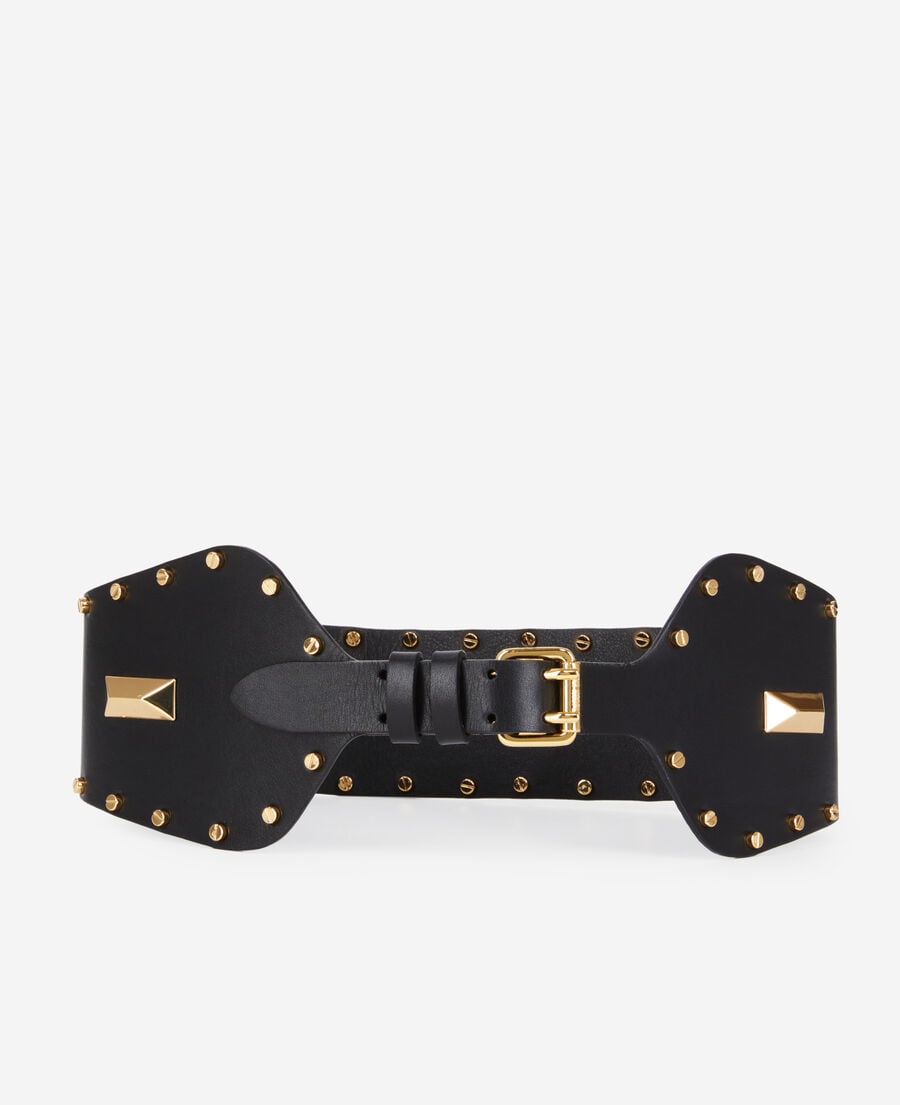 The Kooples WOMEN BLACK wide black leather belt with studs and metallic inserts