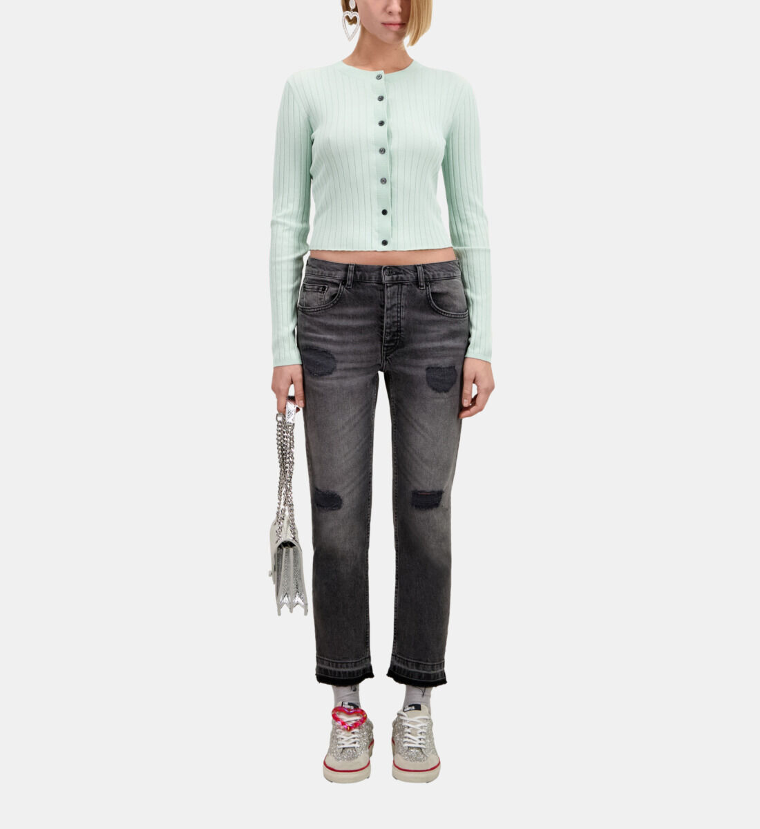 Short ribbed light green cardigan The Kooples UK