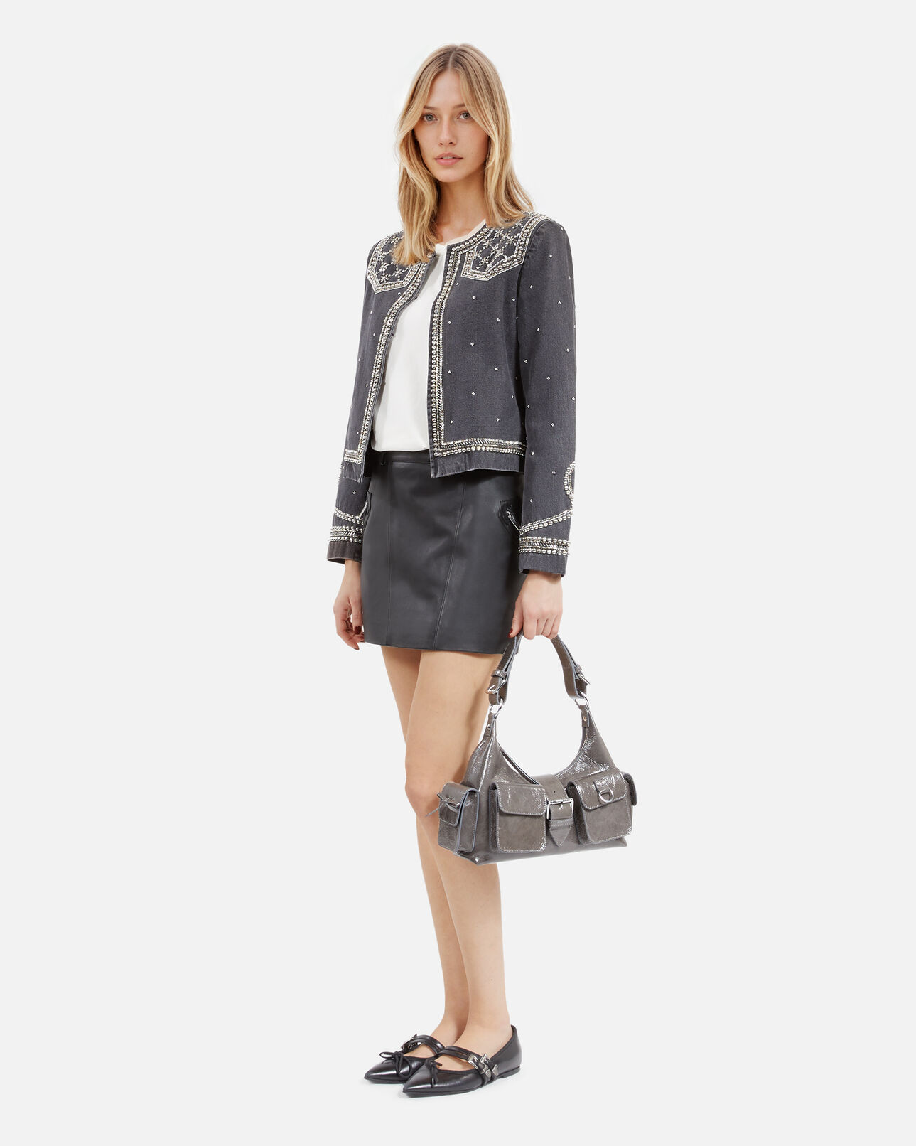 The Kooples FEMME BLACK WASHED veste en denim avec studs et perles gris