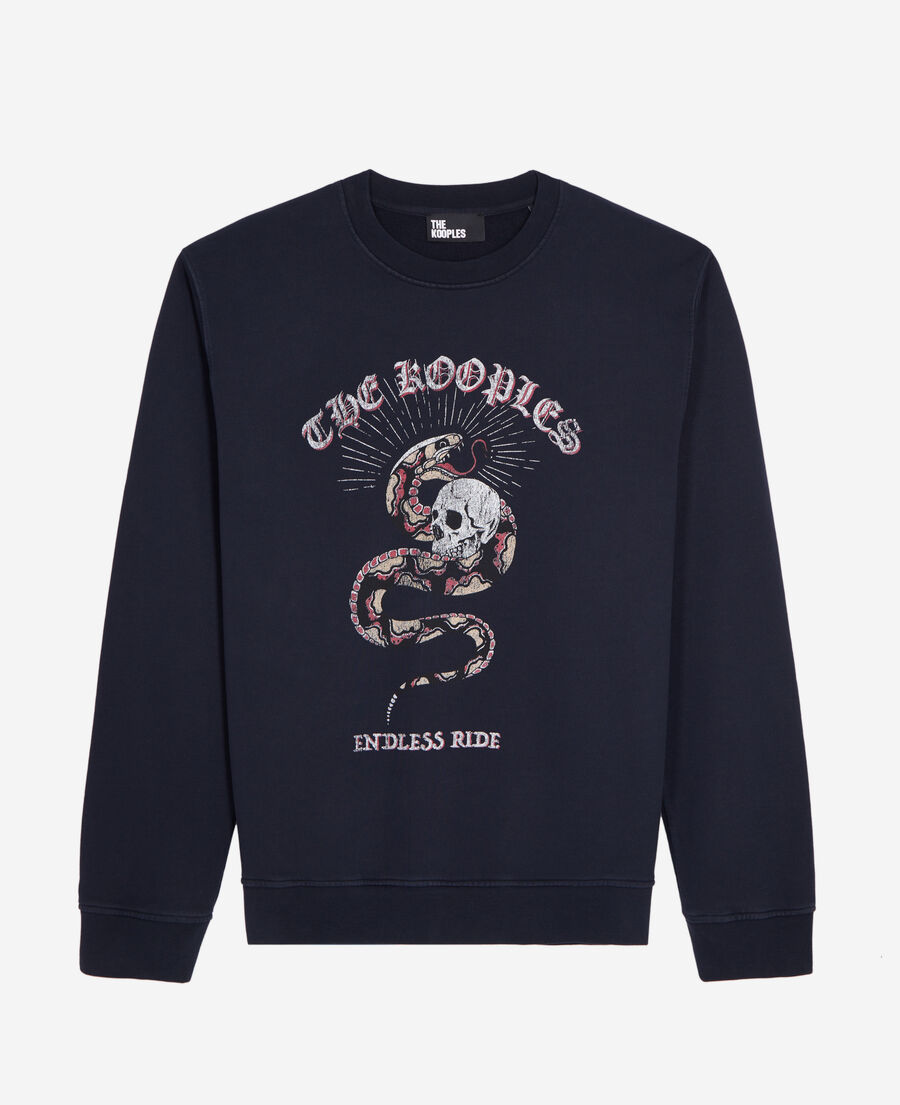 navy blue sweatshirt with sneaky snake serigraphy