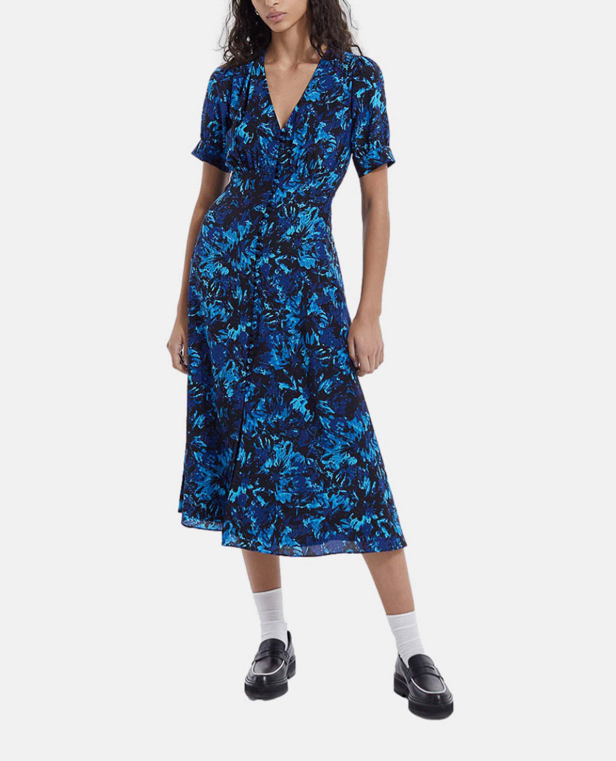 Robe longue en soie bleue imprimee