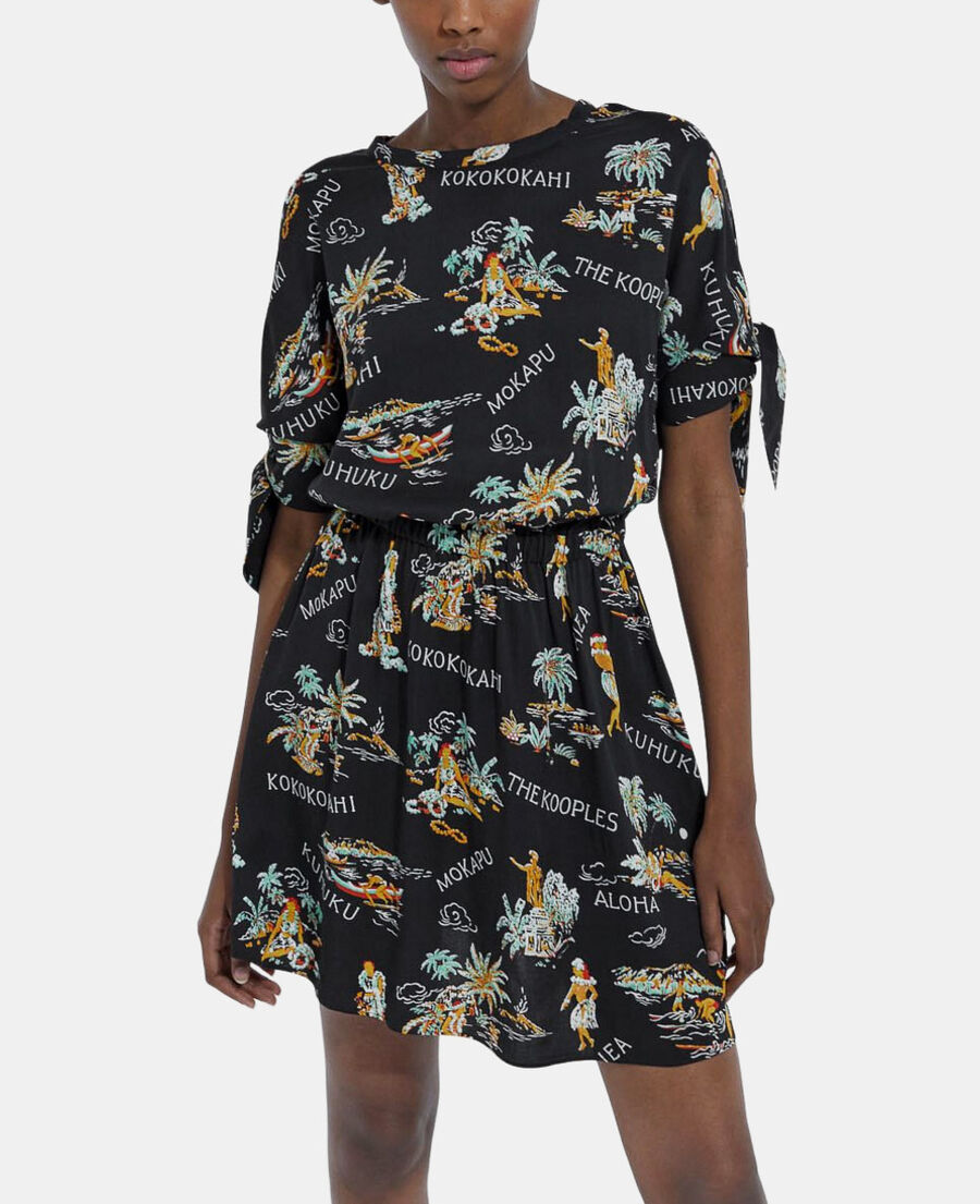 The Kooples FEMME BLACK robe noire manches courtes motif hawaien