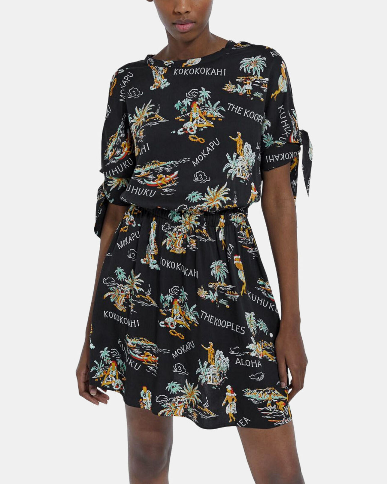 The Kooples DAMEN BLACK schwarzes kurzarm-kleid mit hawaii-motiv