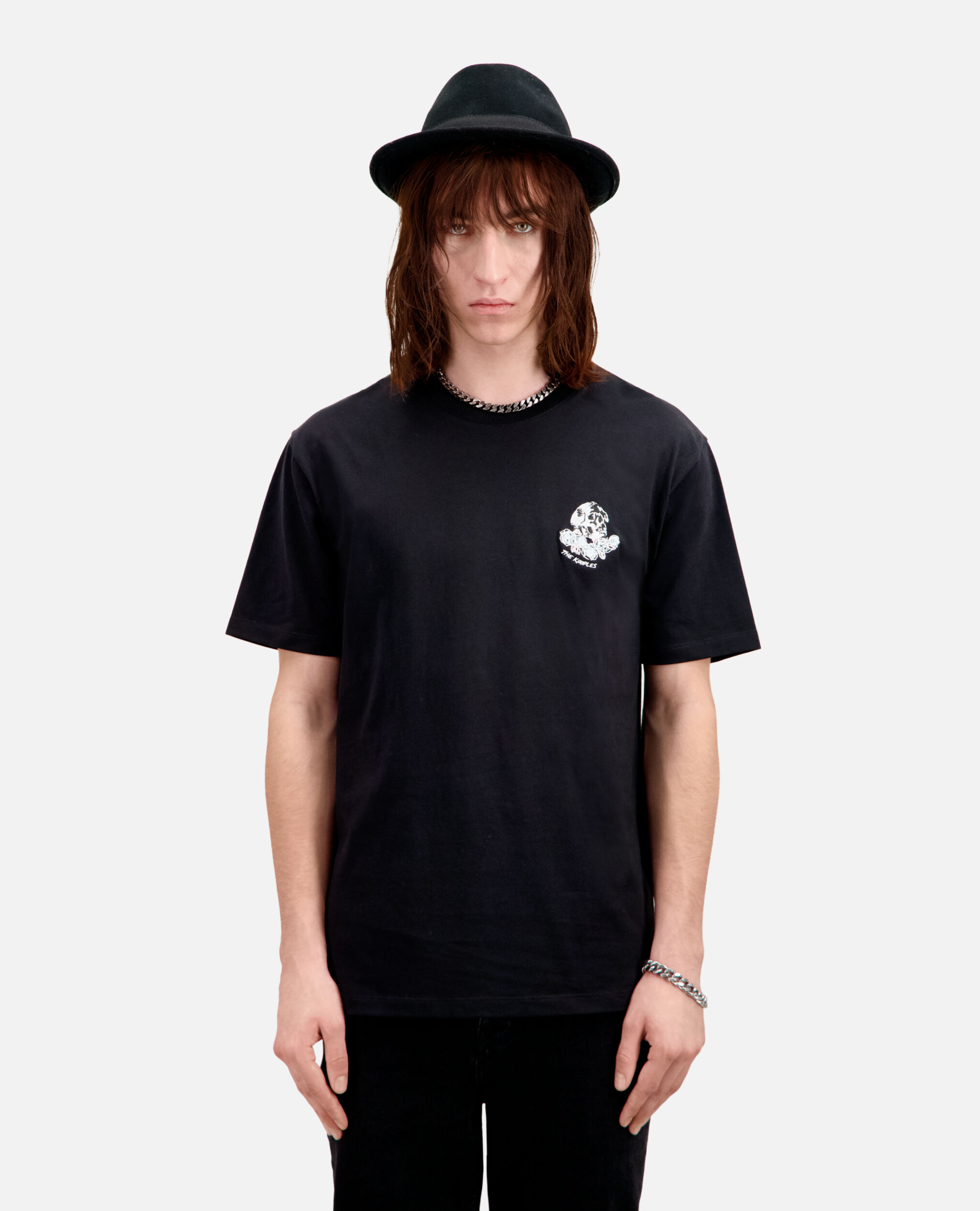 Schwarzes T-Shirt Herren mit Vintage-Skull-Stickerei, BLACK, hi-res image number null