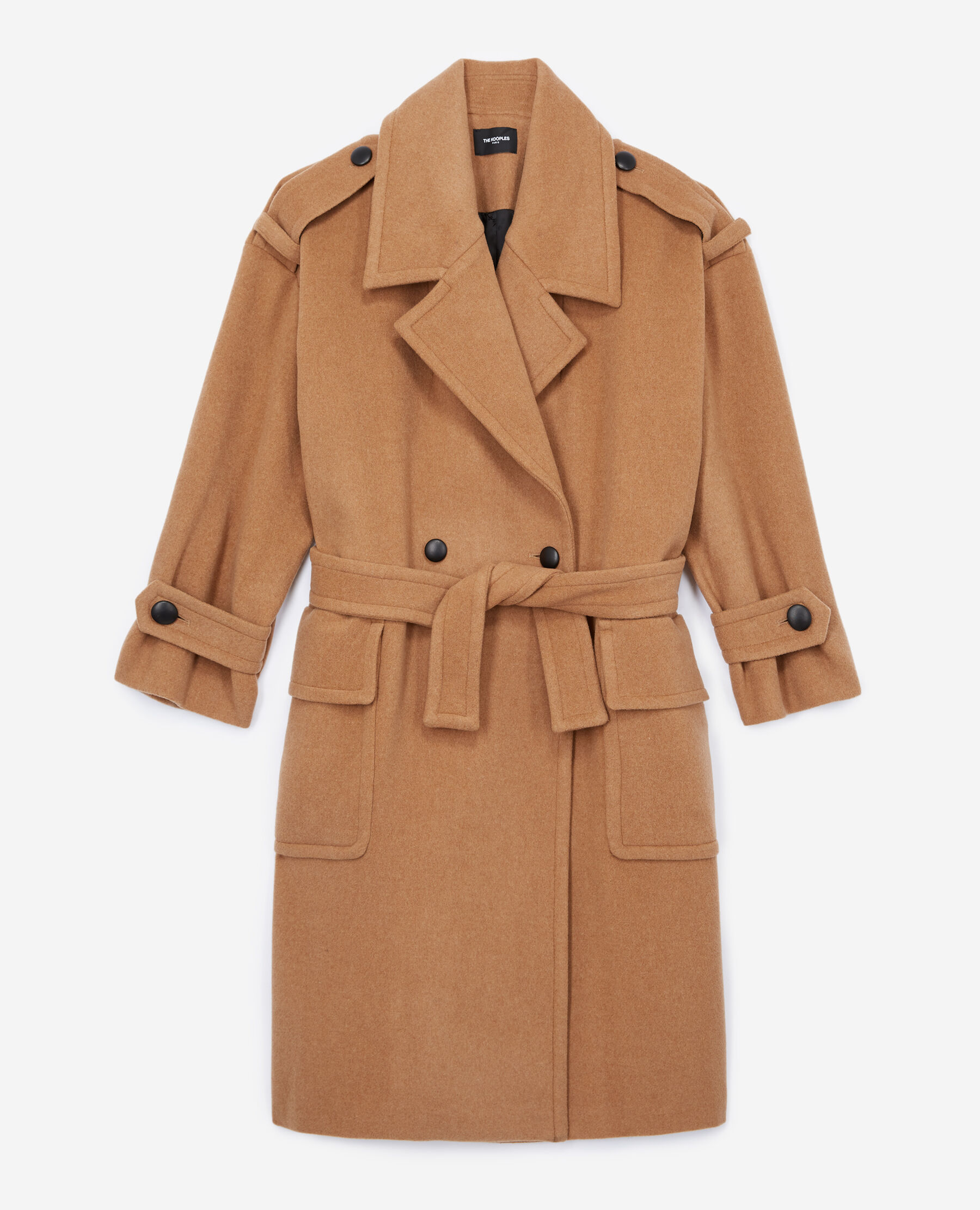 Roomy camel coloured wool coat with belt