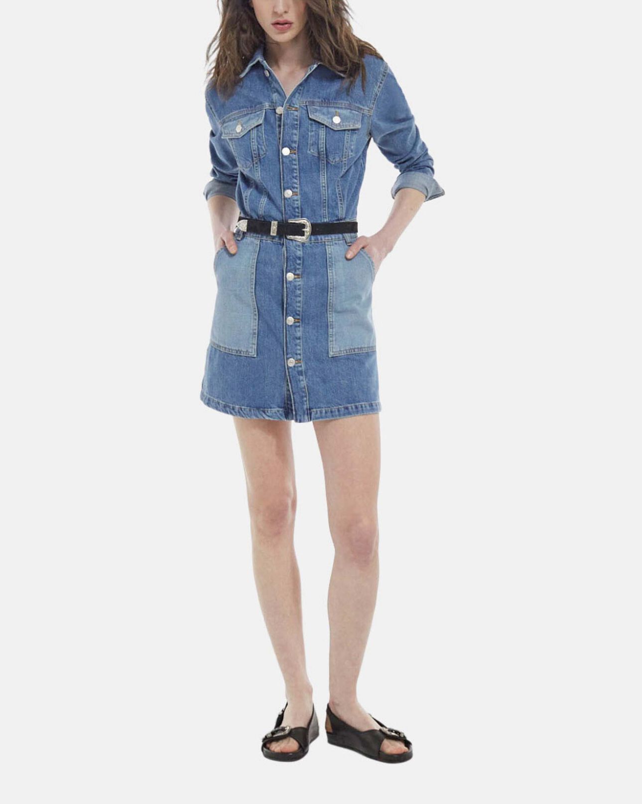 The Kooples FEMME BLUE WASHED robe courte jean bleu délavé boutonnée