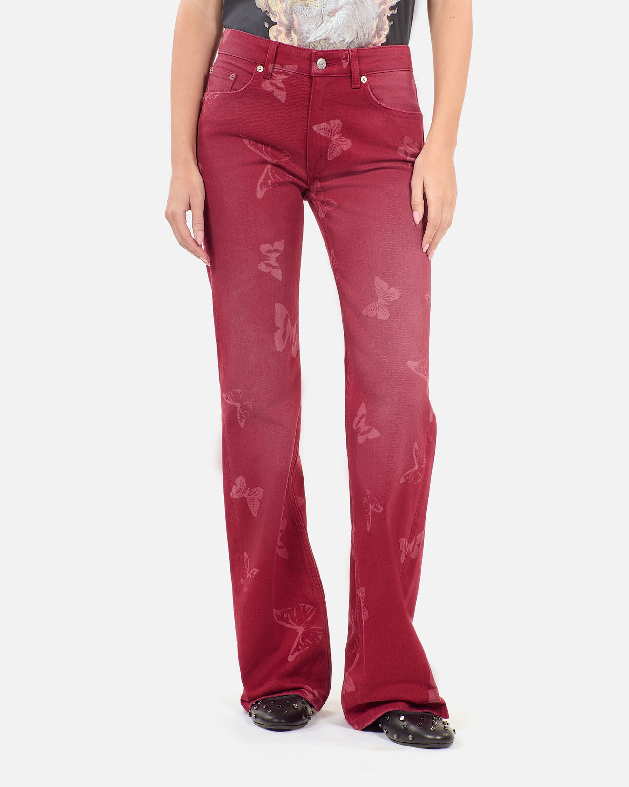 The Kooples MUJER DARK RED vaqueros acampanados estampado mariposas