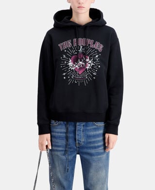 The Kooples F BLACK WASHED women's black hoodie with dagger through heart serigraphy