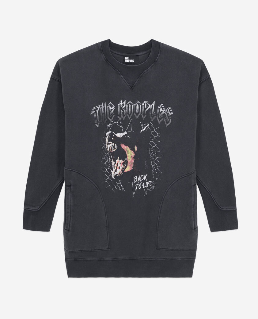 The Kooples FEMME BLACK WASHED robe femme type sweatshirt noire avec sérigraphie barking dog