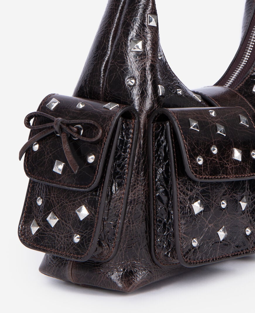 The Kooples FEMME BROWN sac amelia clouté en cuir craquelé marron