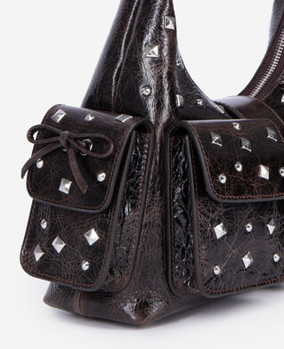 The Kooples FEMME BROWN sac amelia clouté en cuir craquelé marron