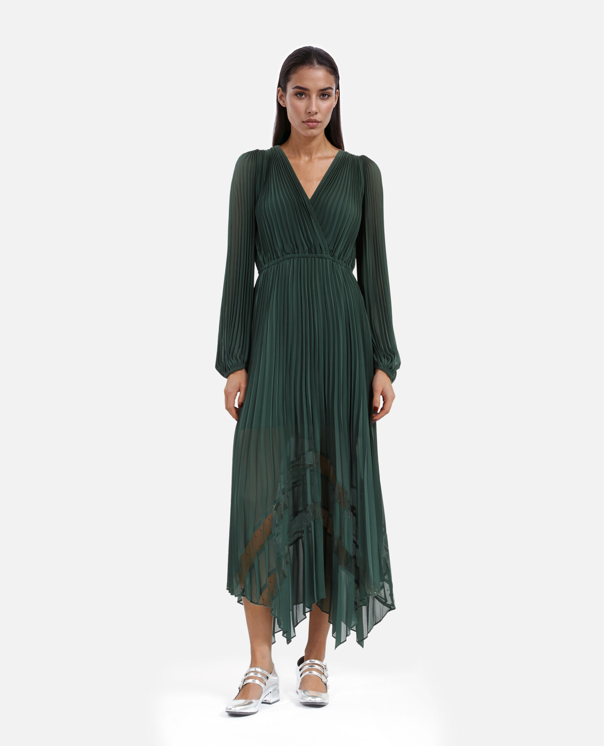 Robe longue plissée verte, WOOD KAKI, hi-res image number null