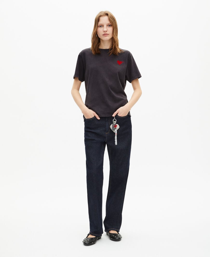 The Kooples WOMEN BLACK WASHED black t-shirt with heart flocking