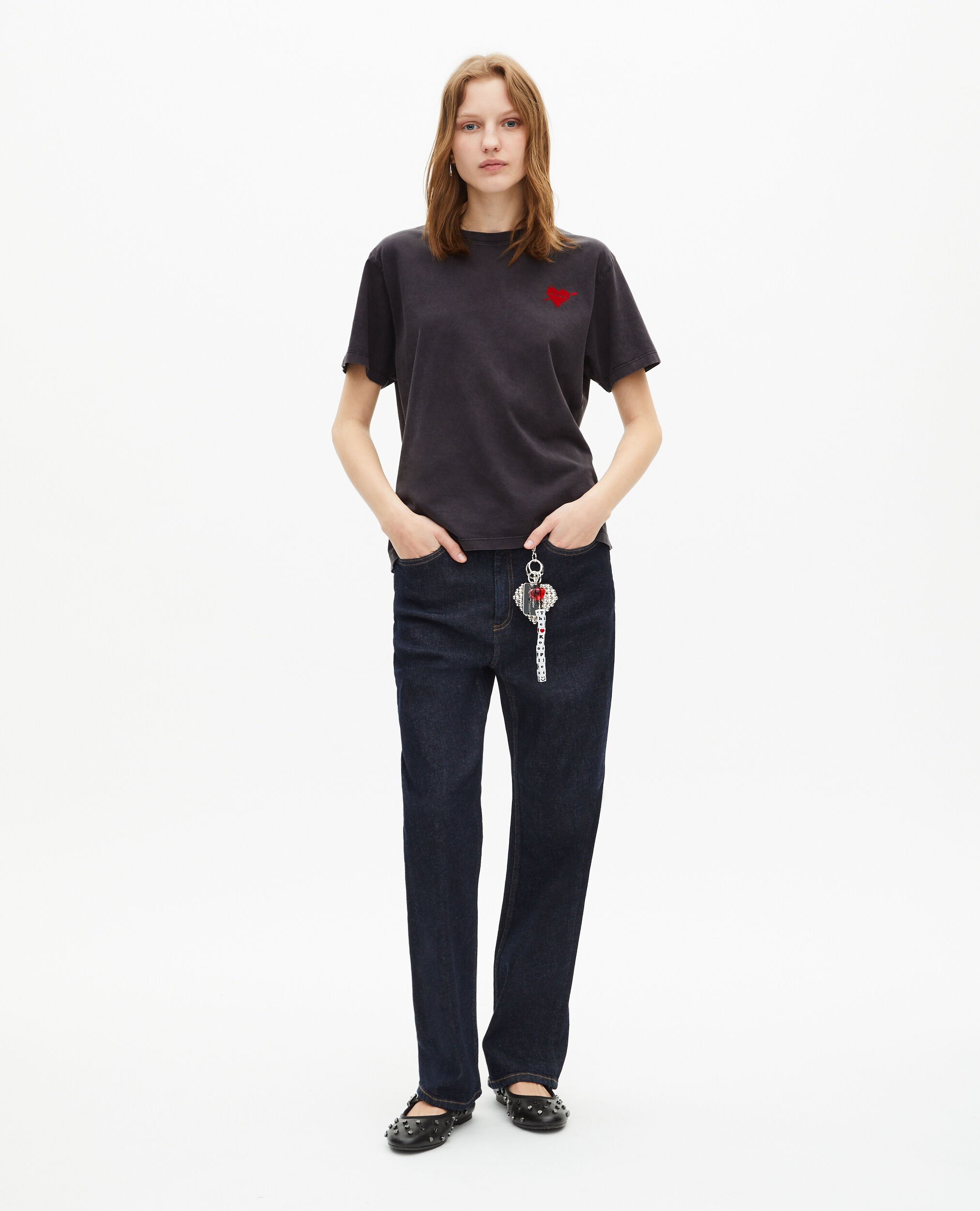 Black T-shirt with heart flocking, BLACK WASHED, hi-res image number null