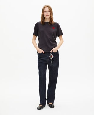 The Kooples WOMEN BLACK WASHED black t-shirt with heart flocking