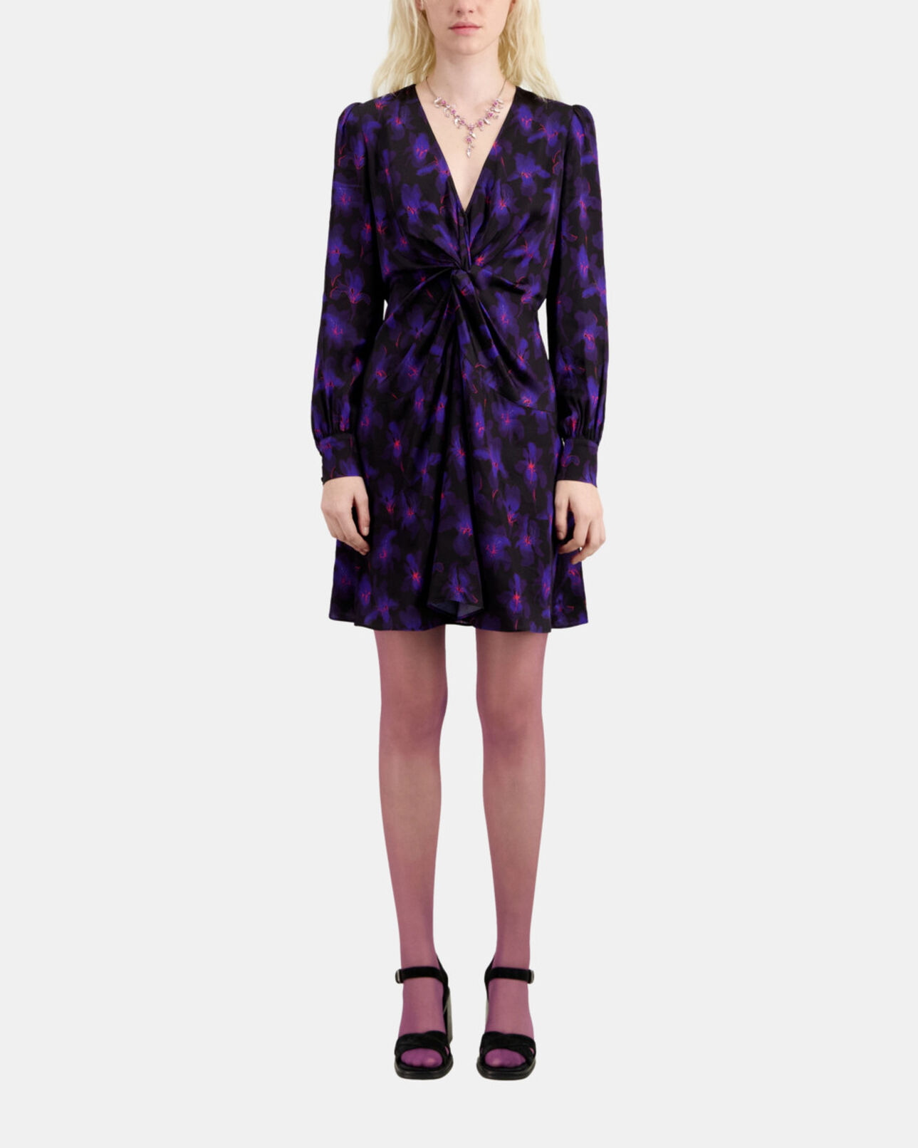The Kooples FEMME BLACK /LIGHT PINK / BLUE robe courte fleurie avec drapé