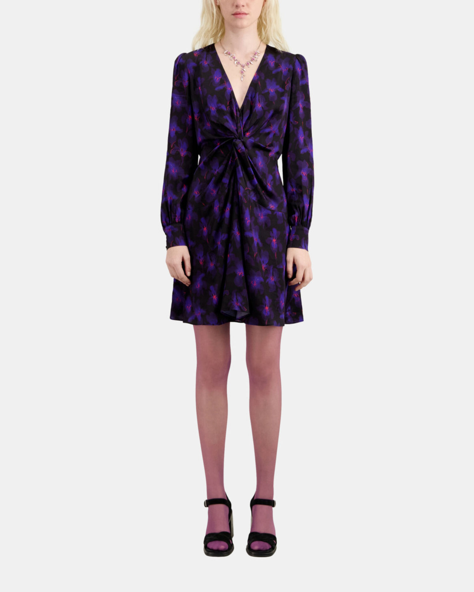 Robe courte fleurie avec drapé, BLACK /LIGHT PINK / BLUE, hi-res image number null