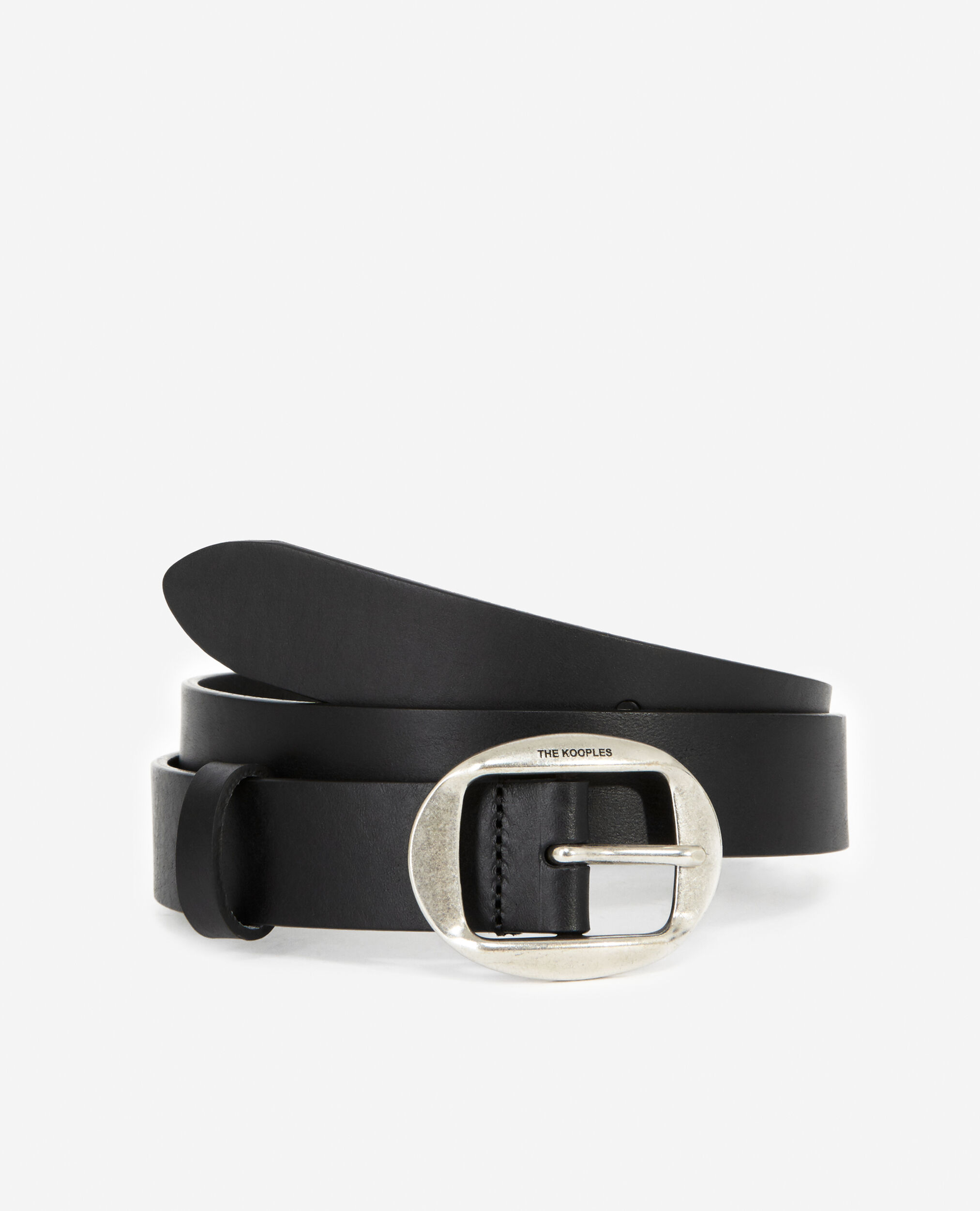 Black leather belt with oval buckle, BLACK, hi-res image number null